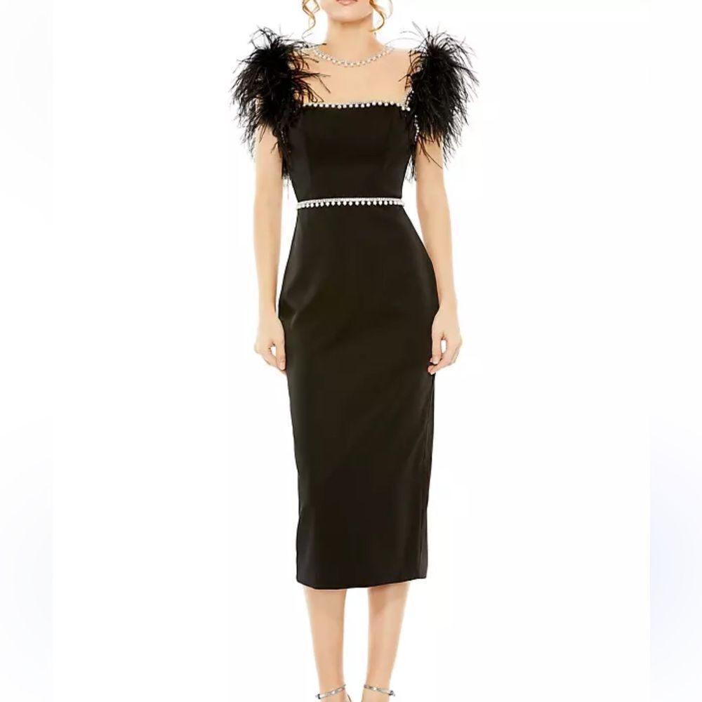 Mac Duggal 11438 Black Feather Cap Sleeve Pearl Trim Cocktail Dress| 16